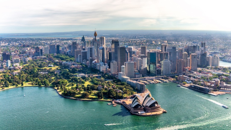 Aerial view of Sydney Harbor and Downtown Skyline, Australia