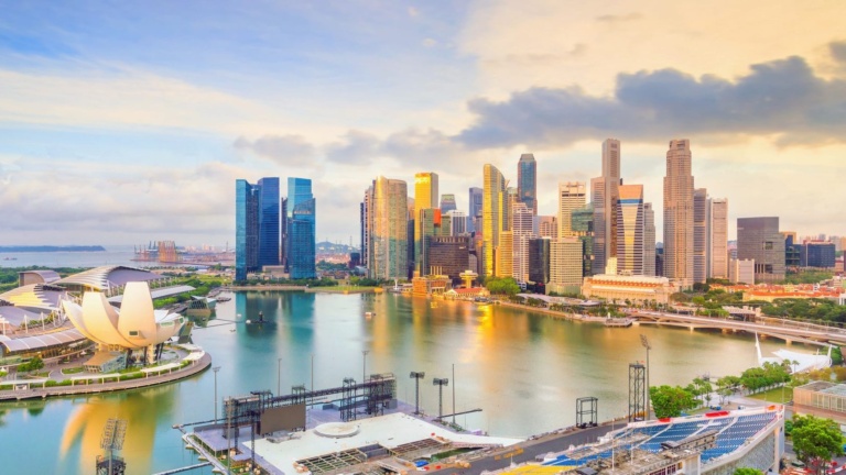Singapore downtown skyline bay area at sunset