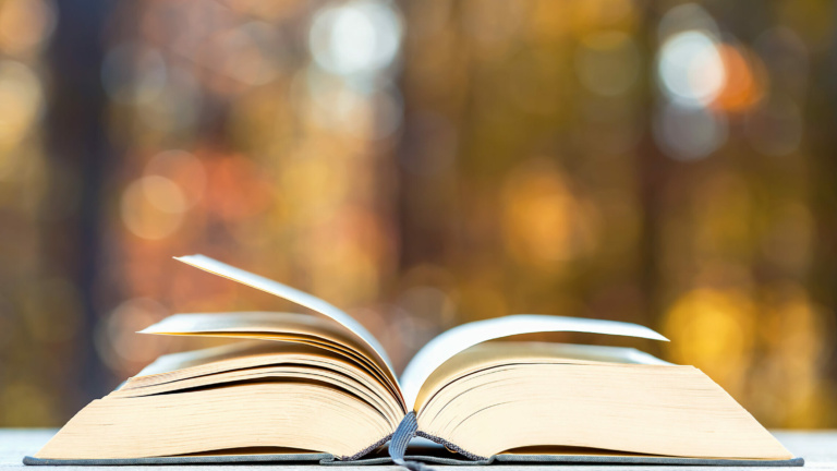 Book in front of forest